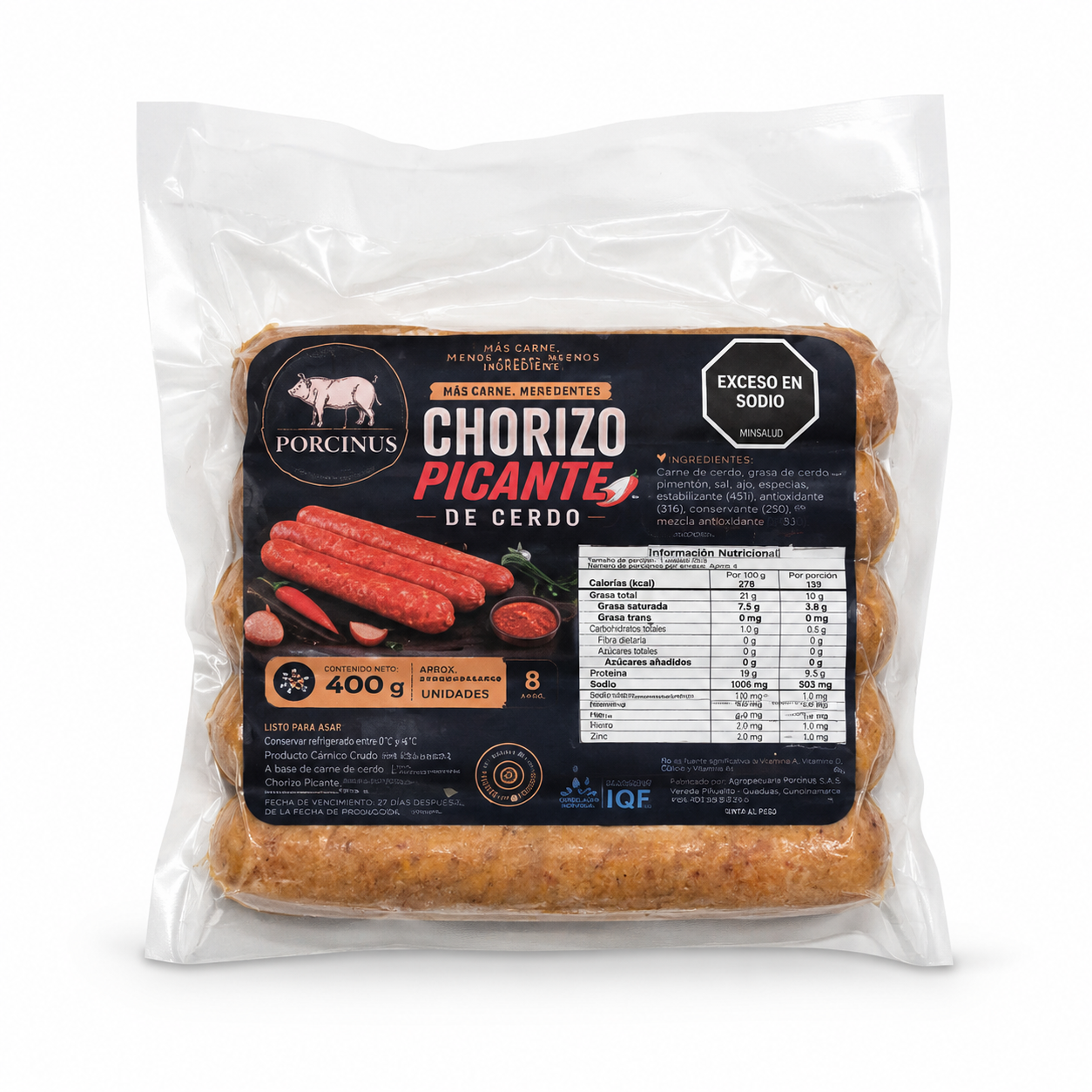 Chorizo Picante 100 % Cerdo PORCINUS. 4 unidades 80gr c/u $25.000