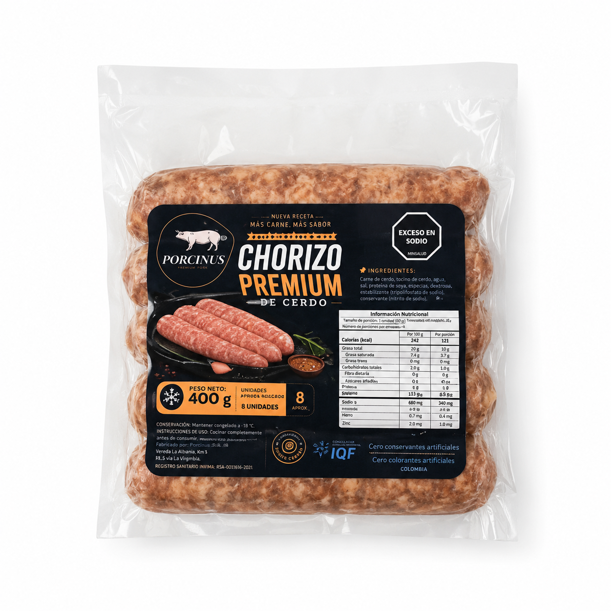 Chorizo Premium 100 % Cerdo PORCINUS. Paquete x 5 unidades 80gr c/u $25.000